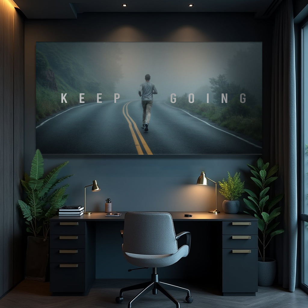 Modern office setup with motivational 'Keep Going' poster on a dark wall.