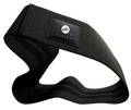 Black headband with a brand logo on a white background