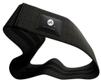 Black headband with a brand logo on a white background