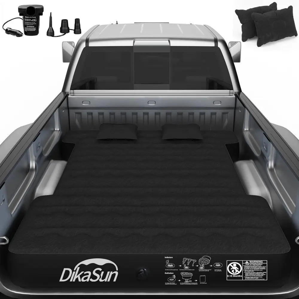 Inflatable mattress in a truck bed with DikaSun branding