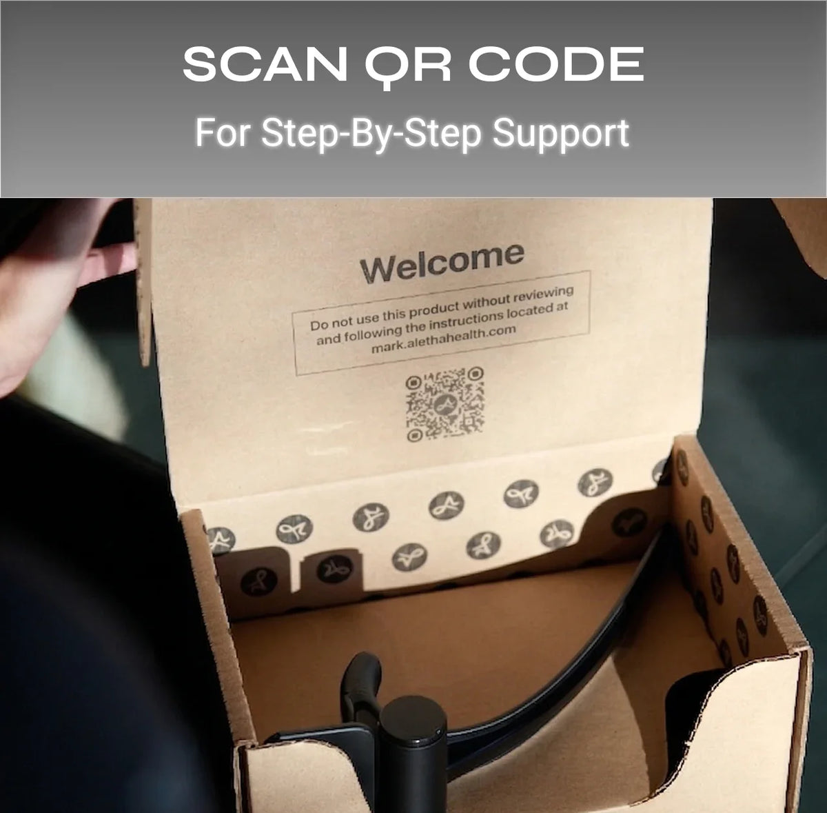 Open cardboard box with QR code on a blurred background