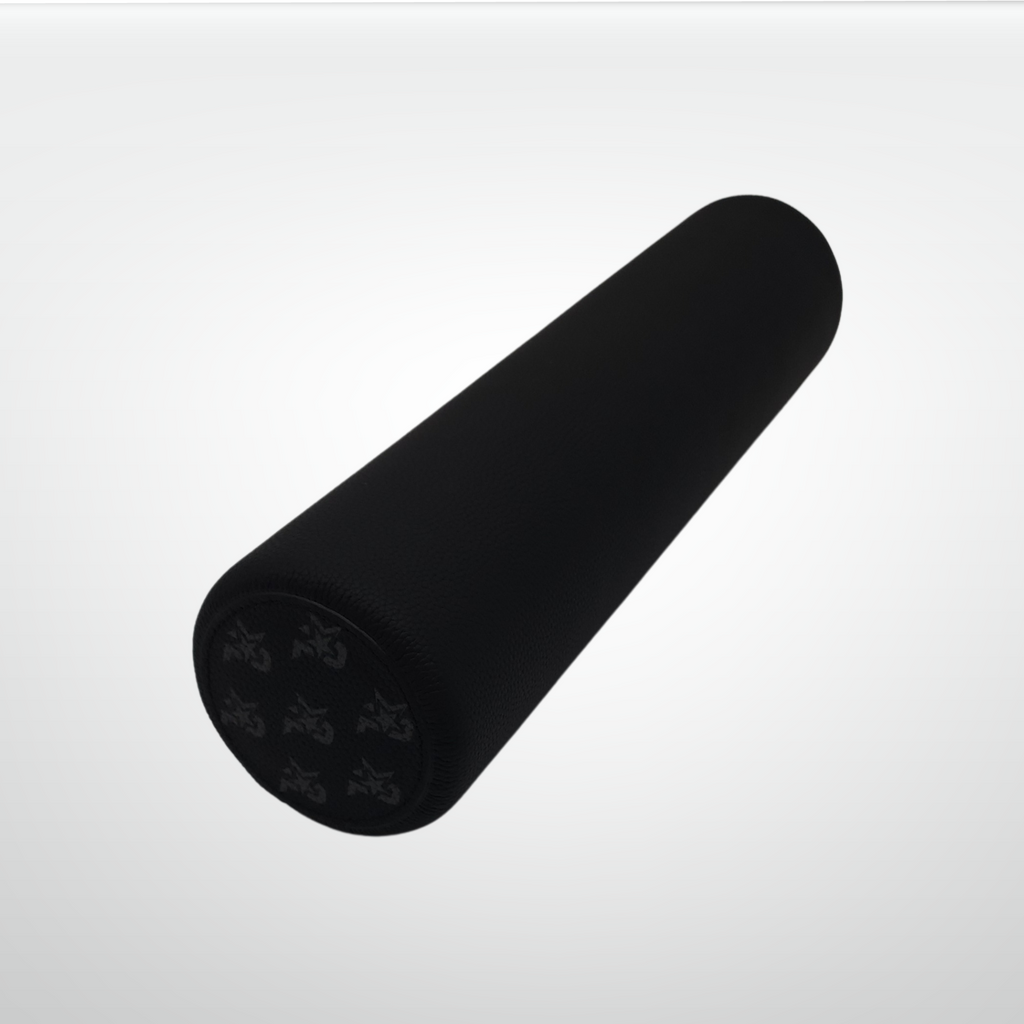 Black foam roller on a light gray background