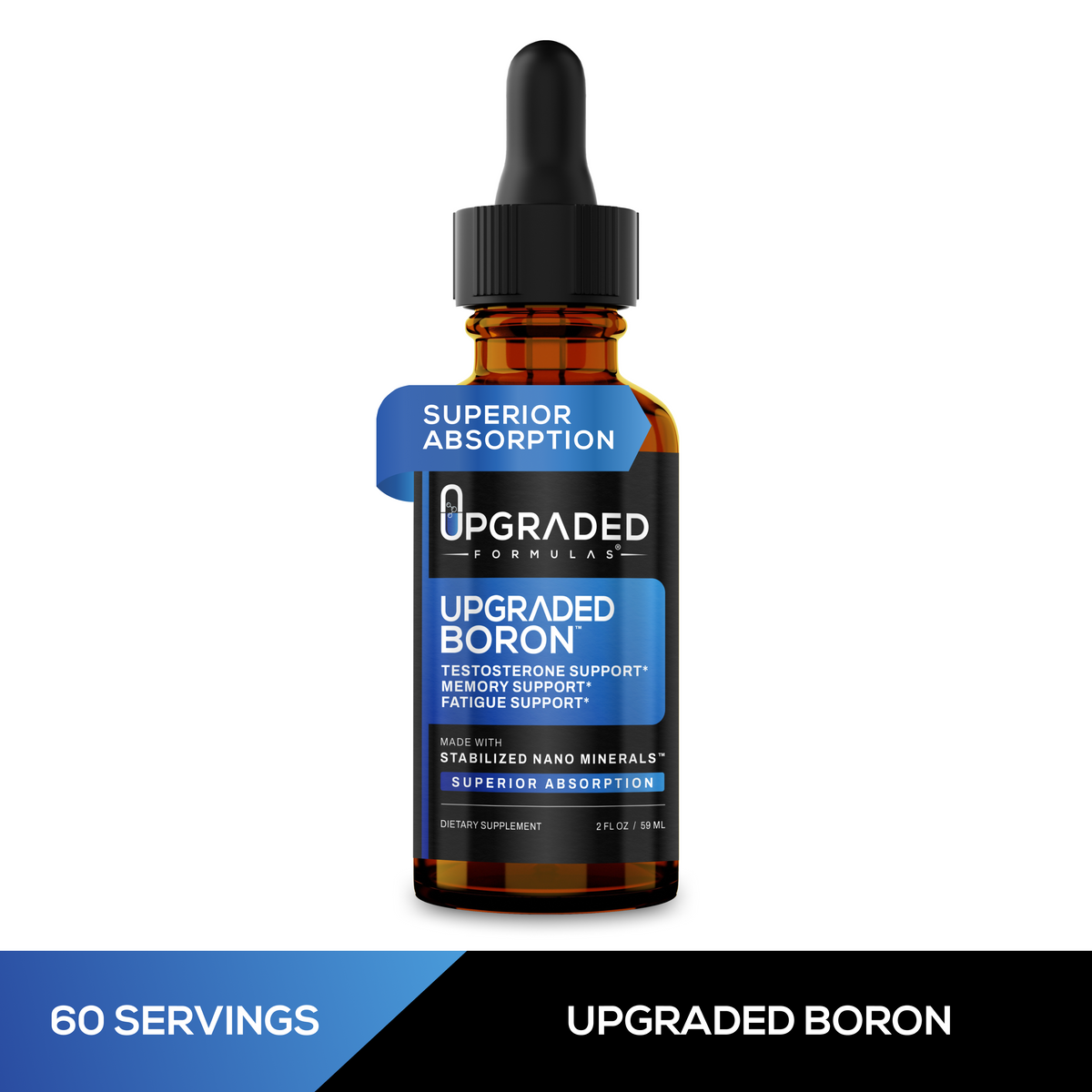 Bottle of Upgraded Boron supplement with dropper on a white background