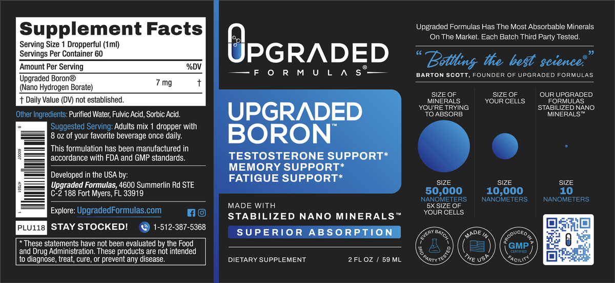 Supplement label for 'Upgraded Formulas' with Boron supplement details.