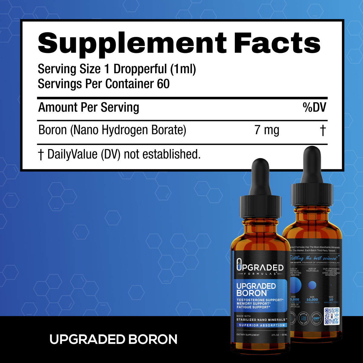 Two bottles of 'Upgraded Boron' supplement with supplement facts label on a blue background.