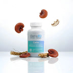 SensIQ Calm supplement bottle with mushrooms on a reflective surface