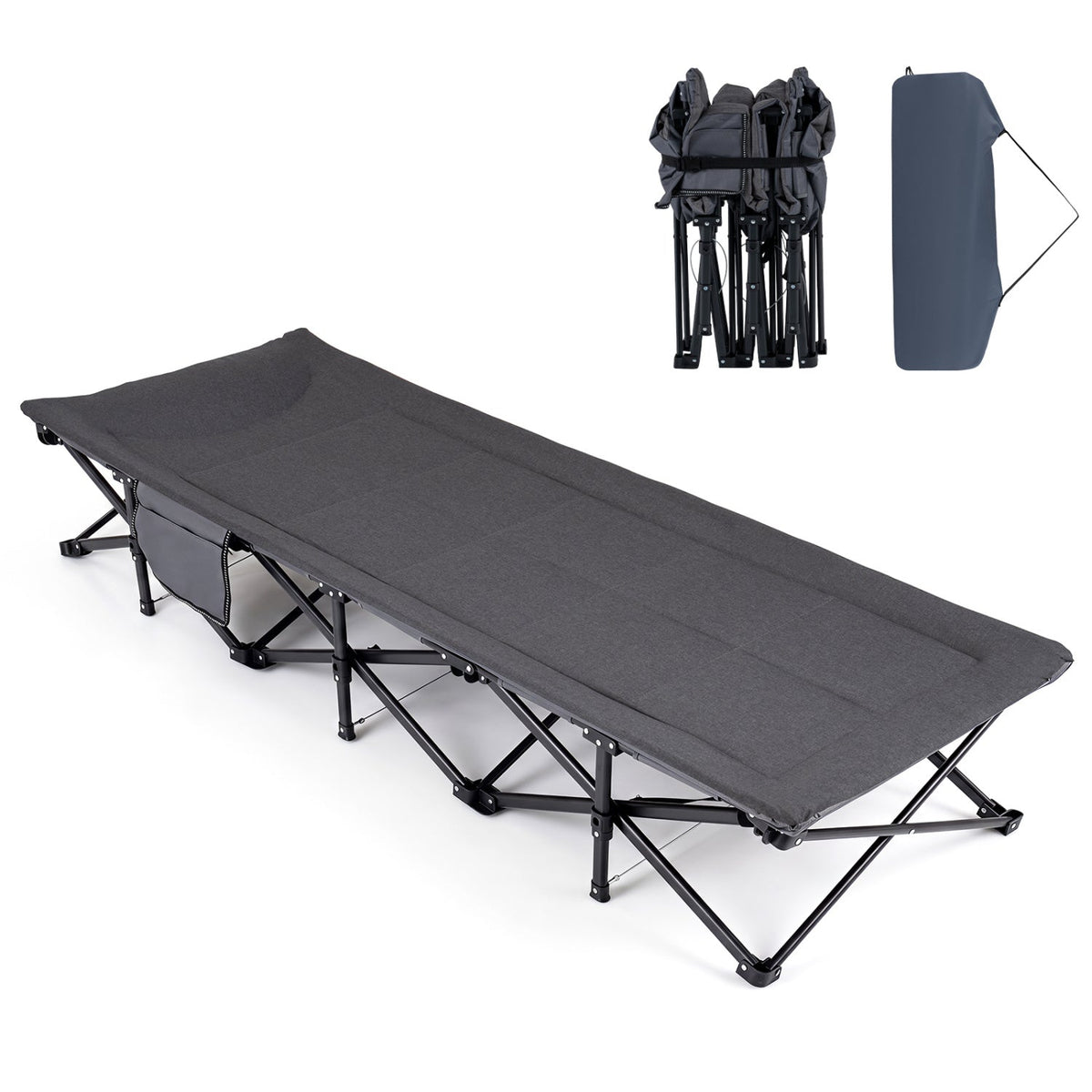 A dark gray portable camping cot with a black metal frame, shown on a white background with inset images of its folded state and a rolled carrying cover.