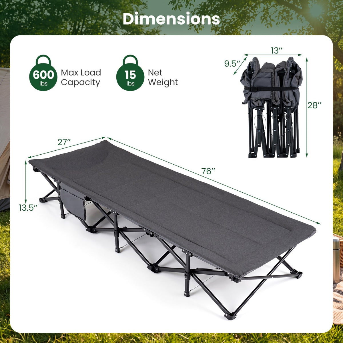 A folding camping cot shown with dimension callouts and weight/load capacity information. The cot is dark gray fabric with a black frame, displayed on a white panel over a blurred green outdoor background.