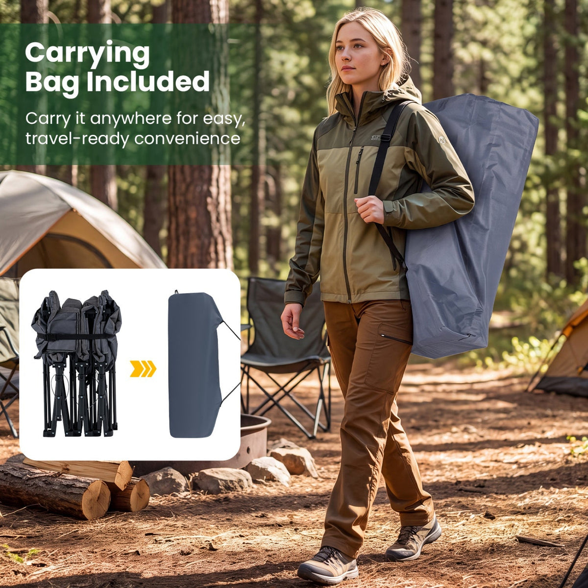 A woman walking through a forest campsite carrying a large gray carrying bag over her shoulder. Text at the top left says 'Carrying Bag Included' and describes the convenience of carrying it anywhere.
