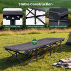 A black camping cot bed with a gray fabric sleeping surface is shown in an outdoor grassy field. Three inset detail panels at the top highlight firm connectors, robust metal legs, and anti-slip foot pads.