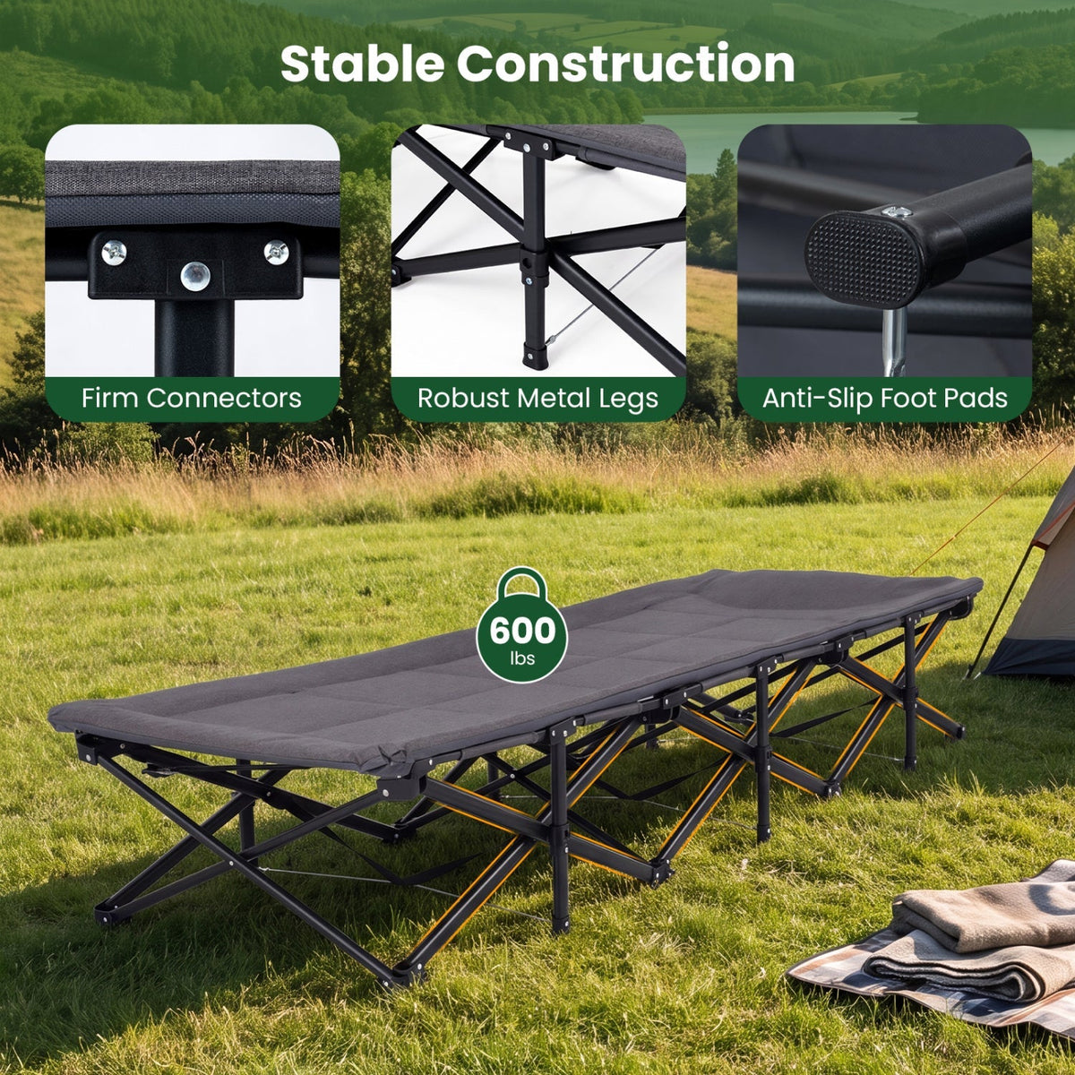 A black camping cot bed with a gray fabric sleeping surface is shown in an outdoor grassy field. Three inset detail panels at the top highlight firm connectors, robust metal legs, and anti-slip foot pads.