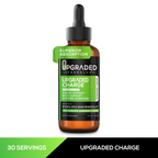 Bottle of Upgraded Charge supplement with green and black label on a white background