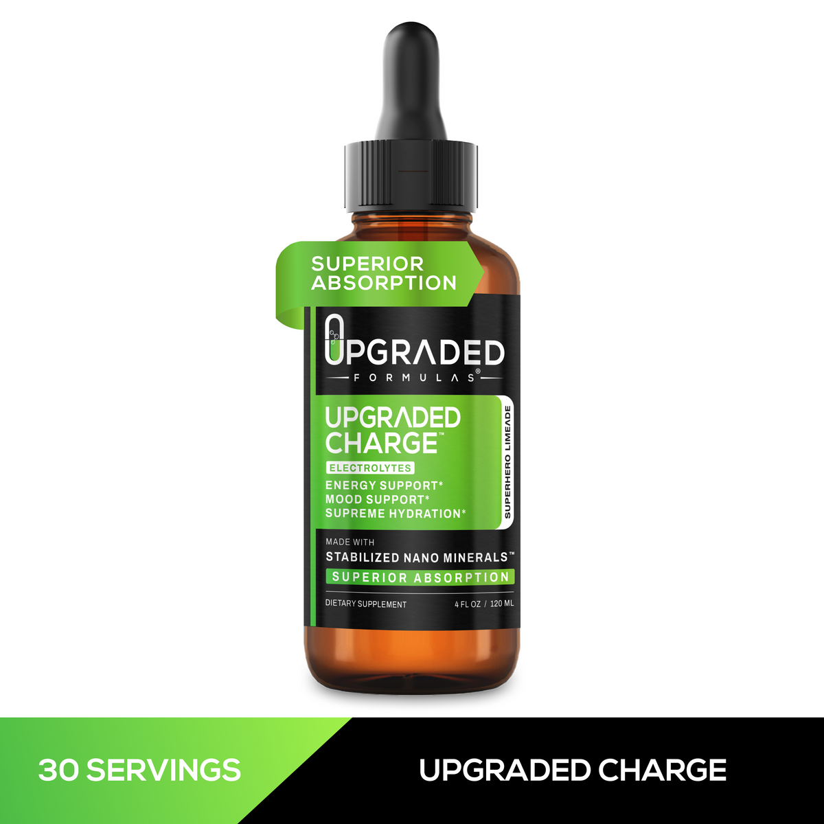 Bottle of Upgraded Charge supplement with green and black label on a white background