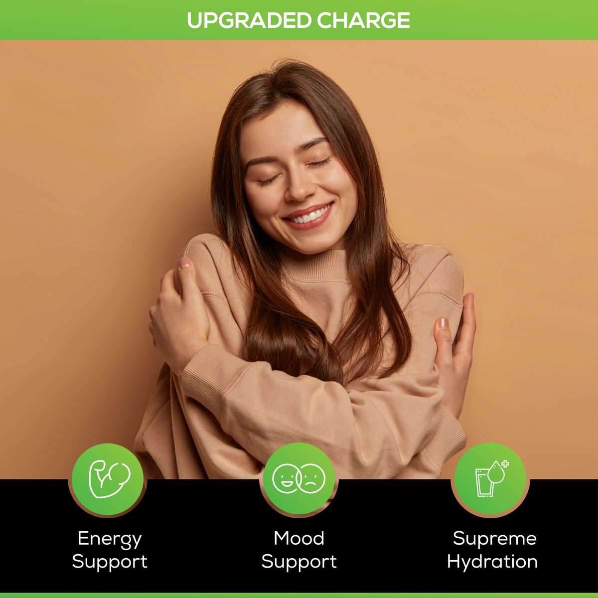Woman embracing herself with text 'Upgraded Charge' and benefits listed below on a brown background