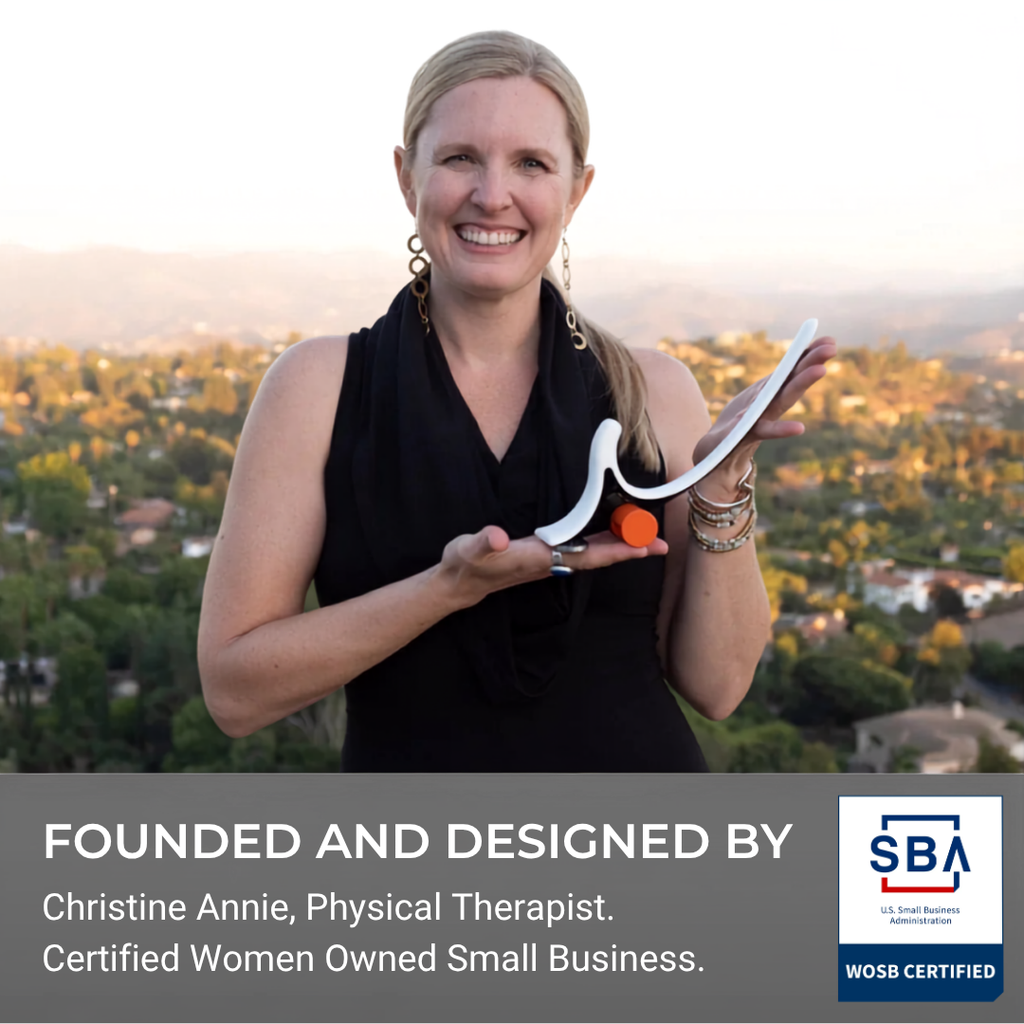 A smiling woman in a black sleeveless top holds a white curved physical therapy tool with an orange handle, set against a blurred outdoor landscape. A dark gray banner at the bottom reads 'FOUNDED AND DESIGNED BY Christine Annie, Physical Therapist.