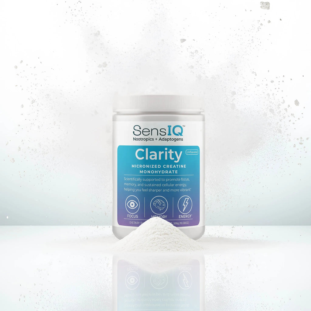 SensIQ Clarity supplement container with powder on a white background