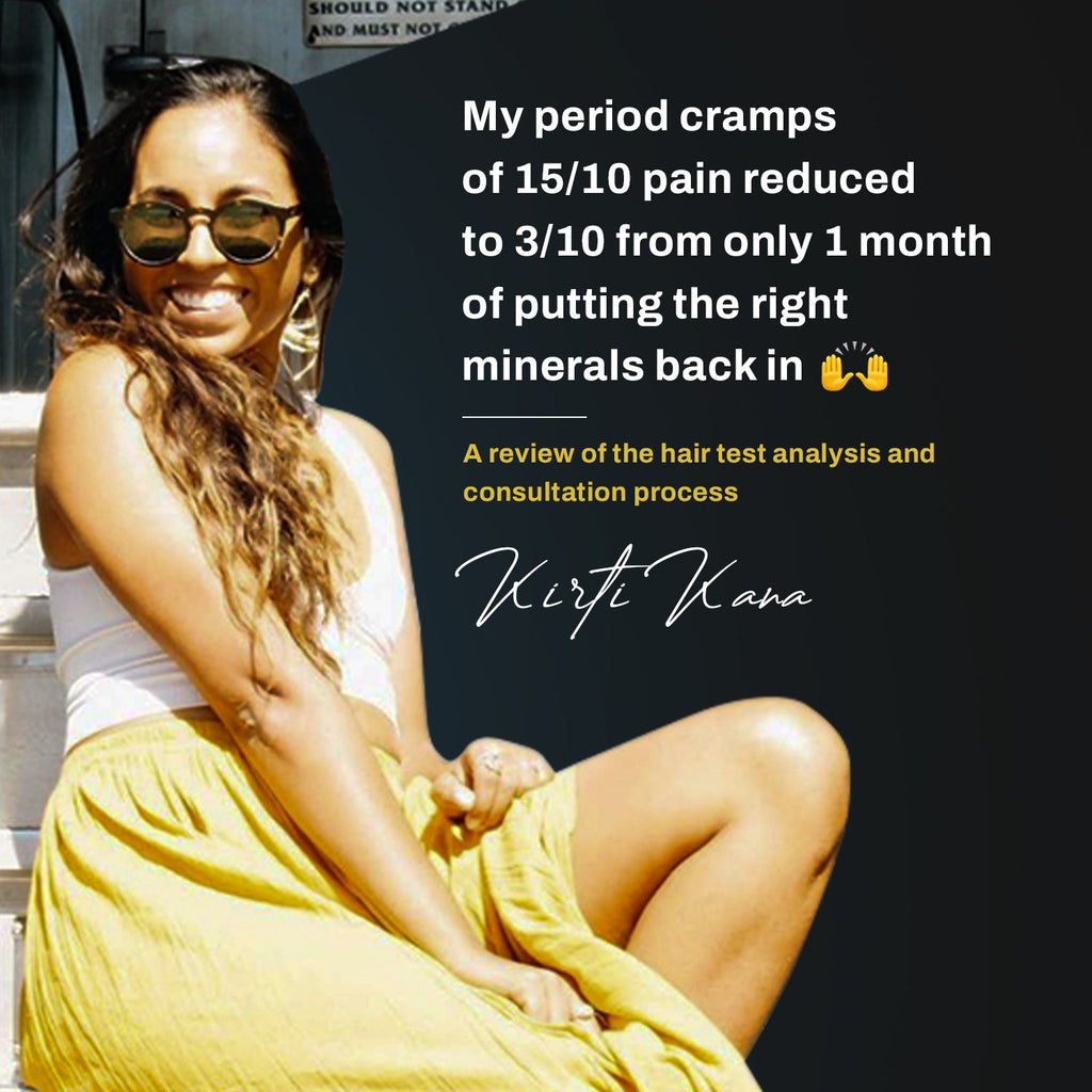 Woman in yellow skirt and sunglasses sitting on steps with text about period cramps reduction.