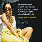 Woman in yellow skirt and sunglasses sitting on steps with text about period cramps reduction.