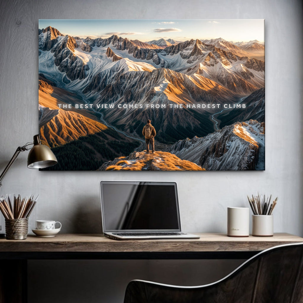 Mountainscape wall art with a person on a mountain peak in a home office setting.