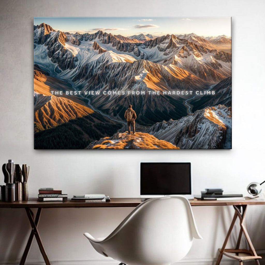A large rectangular wall art print showing a mountain landscape with a lone hiker and the text 'THE BEST VIEW COMES FROM THE HARDEST CLIMB,' displayed above a desk in a modern home office setting.