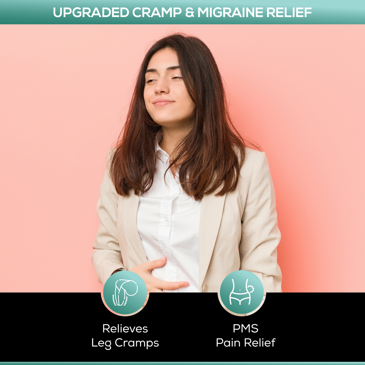 Woman with text about cramp and migraine relief on a pink background