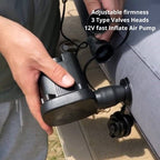 Person using a 12V fast inflate air pump on a vehicle tire.