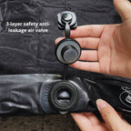 Hand holding a 3-layer safety anti-leakage air valve on a black background