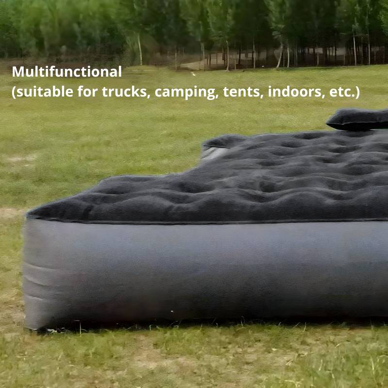 Inflatable mattress on grass with text indicating multifunctionality