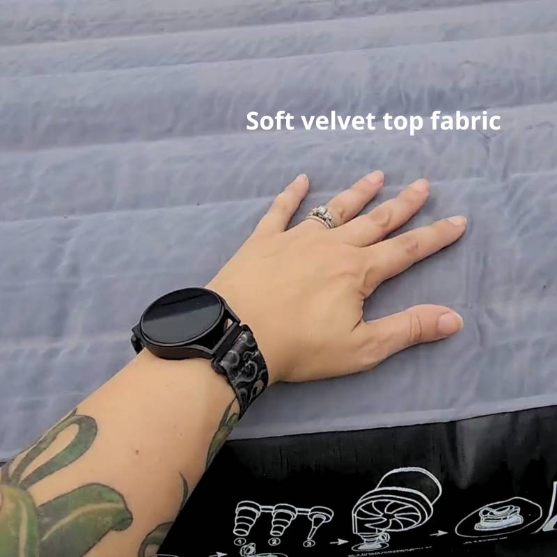 Hand touching soft velvet top fabric with a tattooed arm wearing a watch.