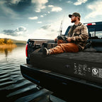Man sitting in the back of a truck by a lake, holding a fishing rod.