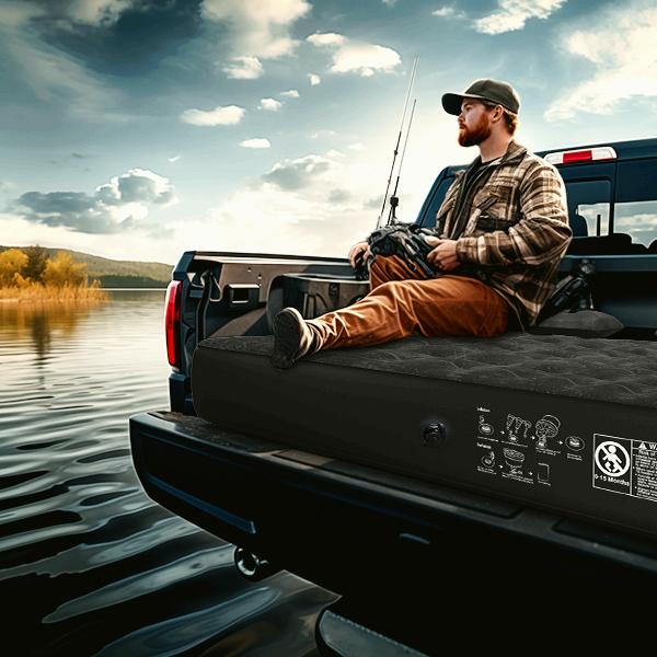 Man sitting in the back of a truck by a lake, holding a fishing rod.