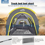 DikaSun truck bed tent with dimensions and features on a scenic background