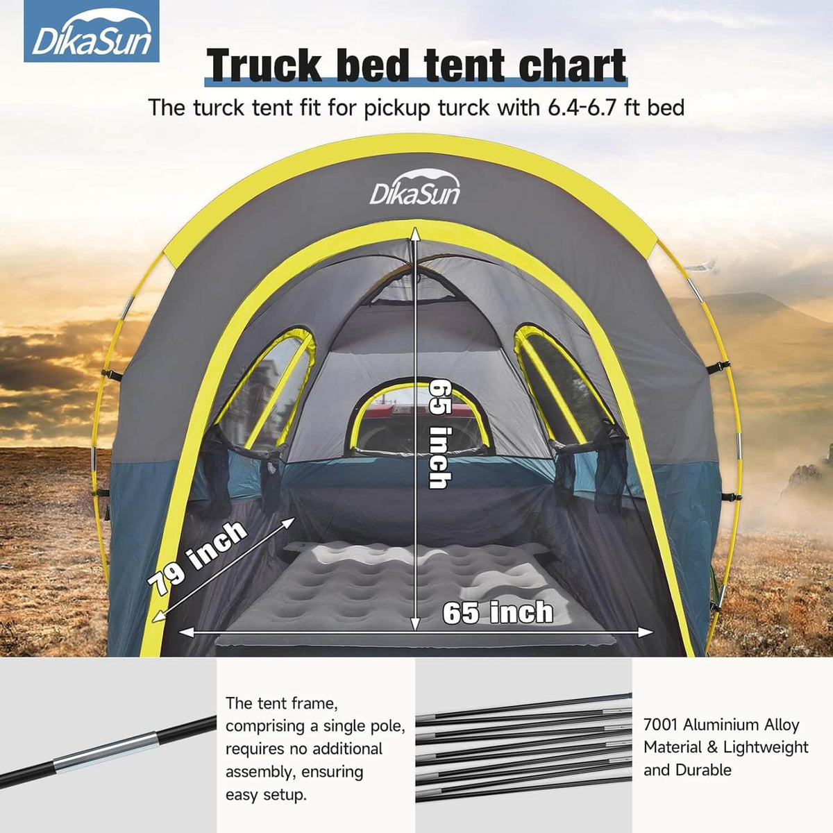 DikaSun truck bed tent with dimensions and features on a scenic background