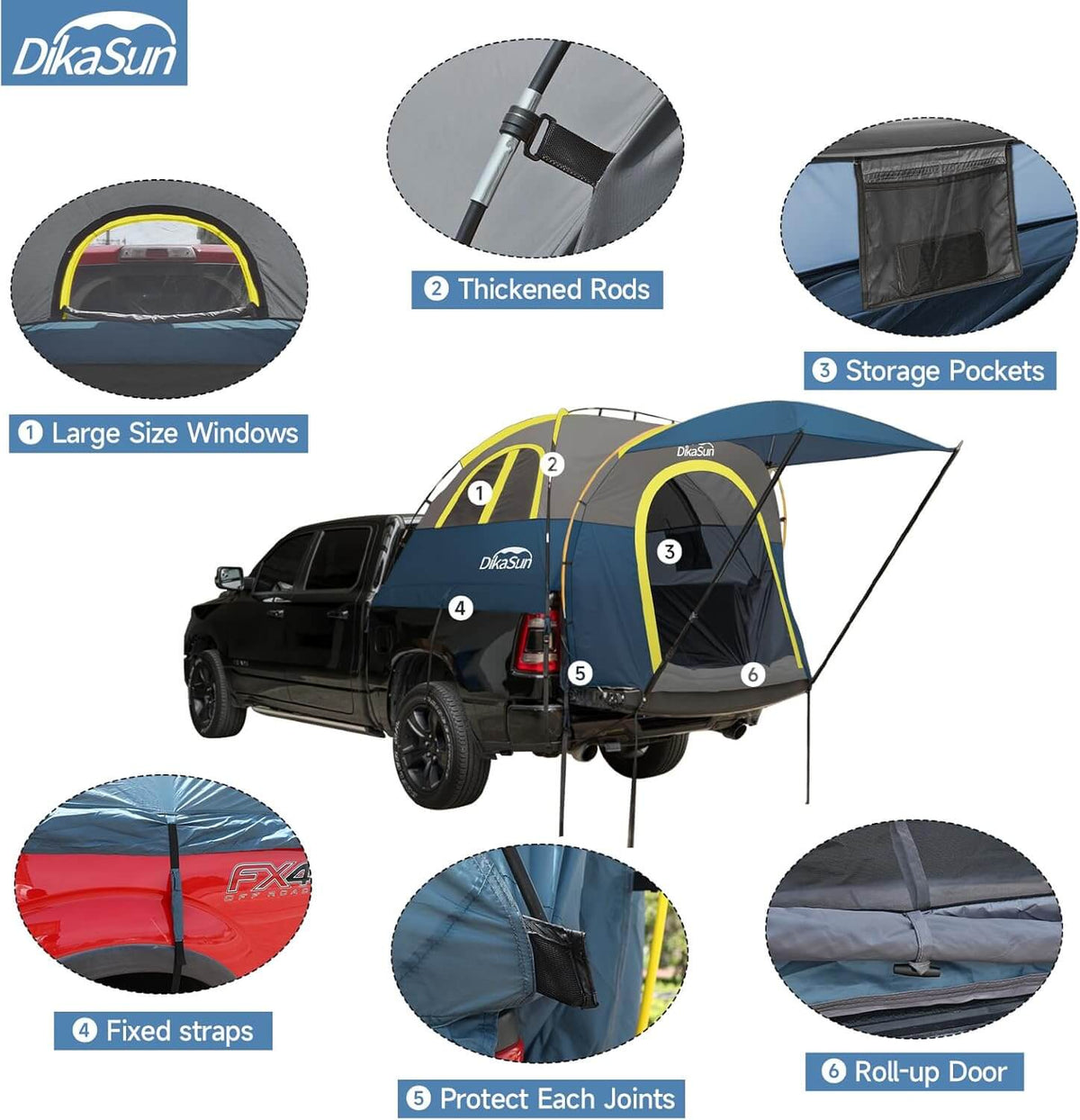 DikaSun truck tent with features highlighted on a white background