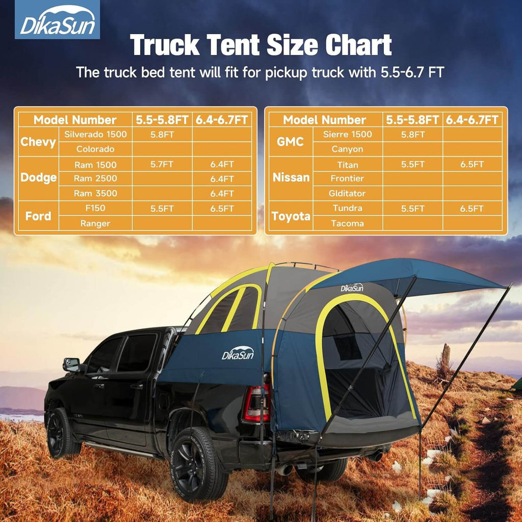 DikaSun truck bed tent with size chart for pickup trucks against a scenic background