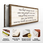 Wooden framed canvas with motivational quote on a white background, featuring high-quality UV ink and museum-grade canvas.