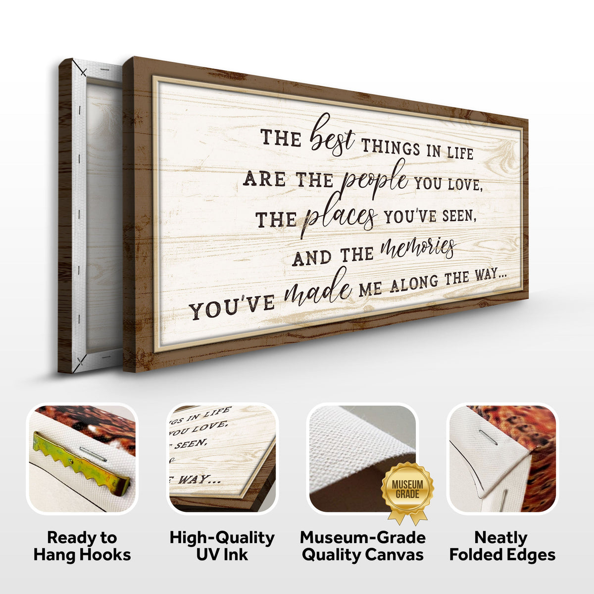 Wooden framed canvas with motivational quote on a white background, featuring high-quality UV ink and museum-grade canvas.