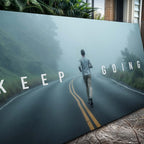 Person running on a road with 'Keep Going' text, surrounded by nature