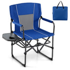 Blue and gray folding camp chair with black metal frame, side tray table, and a matching blue carrying bag shown on a white background.