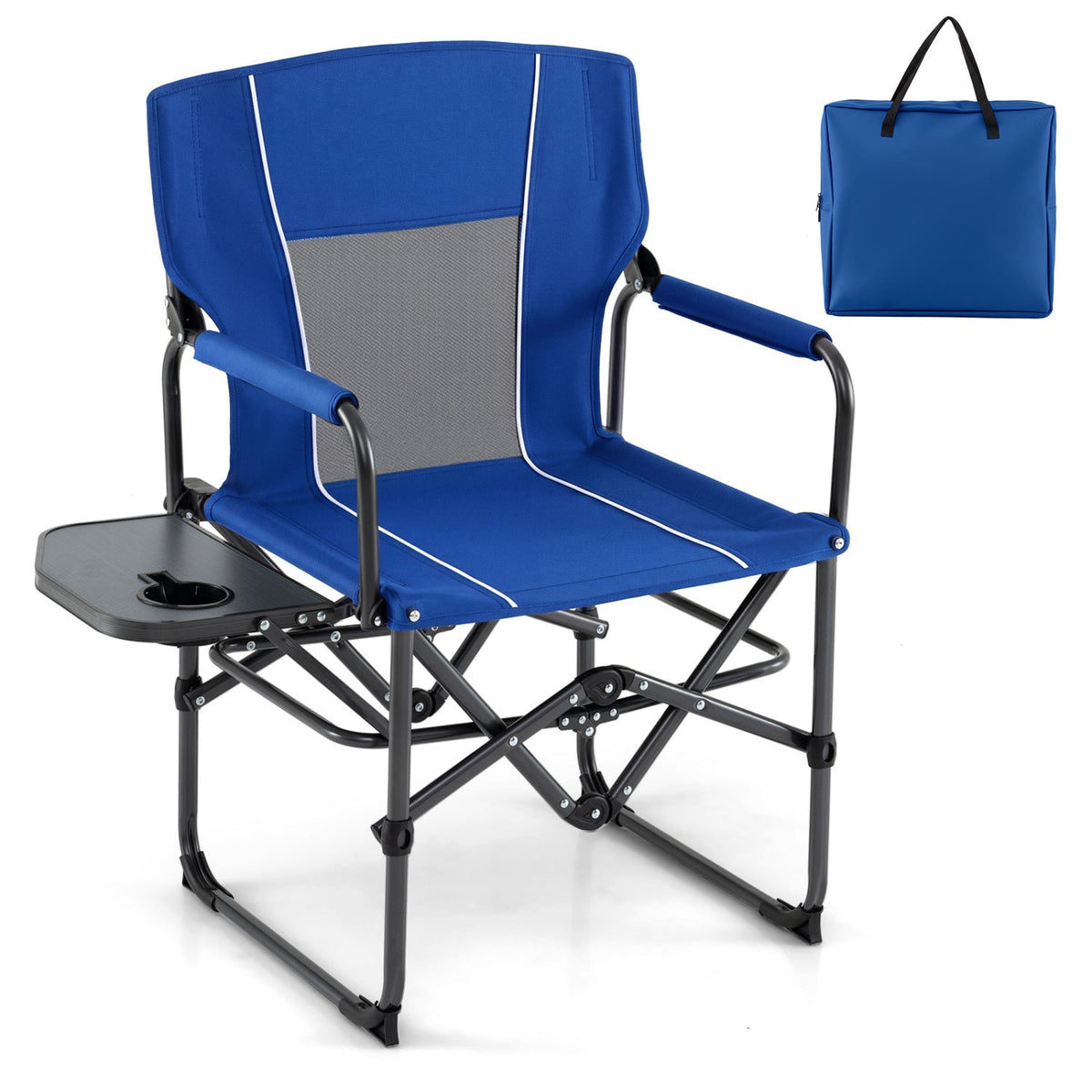 Blue and gray folding camp chair with black metal frame, side tray table, and a matching blue carrying bag shown on a white background.