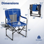 Blue and gray folding outdoor chair with overlaid dimension lines, weight capacity, and net weight on a light blue background.