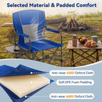 Blue and gray camping folding chair with padded armrests and a side tray table, shown outdoors near a campfire with a small table and food. Text highlights anti-wear 600D Oxford cloth and soft EPE foam padding.