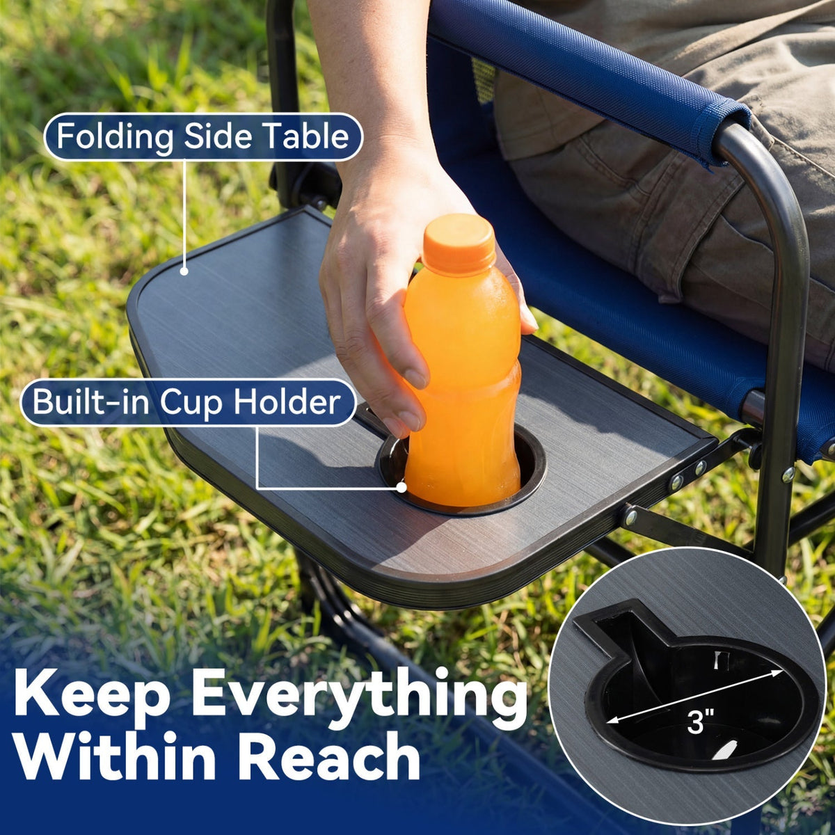 A folding side table attached to a blue camping chair, shown outdoors on grass with a hand placing an orange bottle into a built-in cup holder. Text labels identify the table, cup holder, and the 3-inch reach area, with a circular inset showing the cup holder detail.