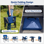 Blue folding camp chair shown in multiple views, including a person carrying it outdoors, a carry bag inside a vehicle trunk, and step-by-step folding instructions. Text highlights quick folding design, portable handle, and included carry bag.