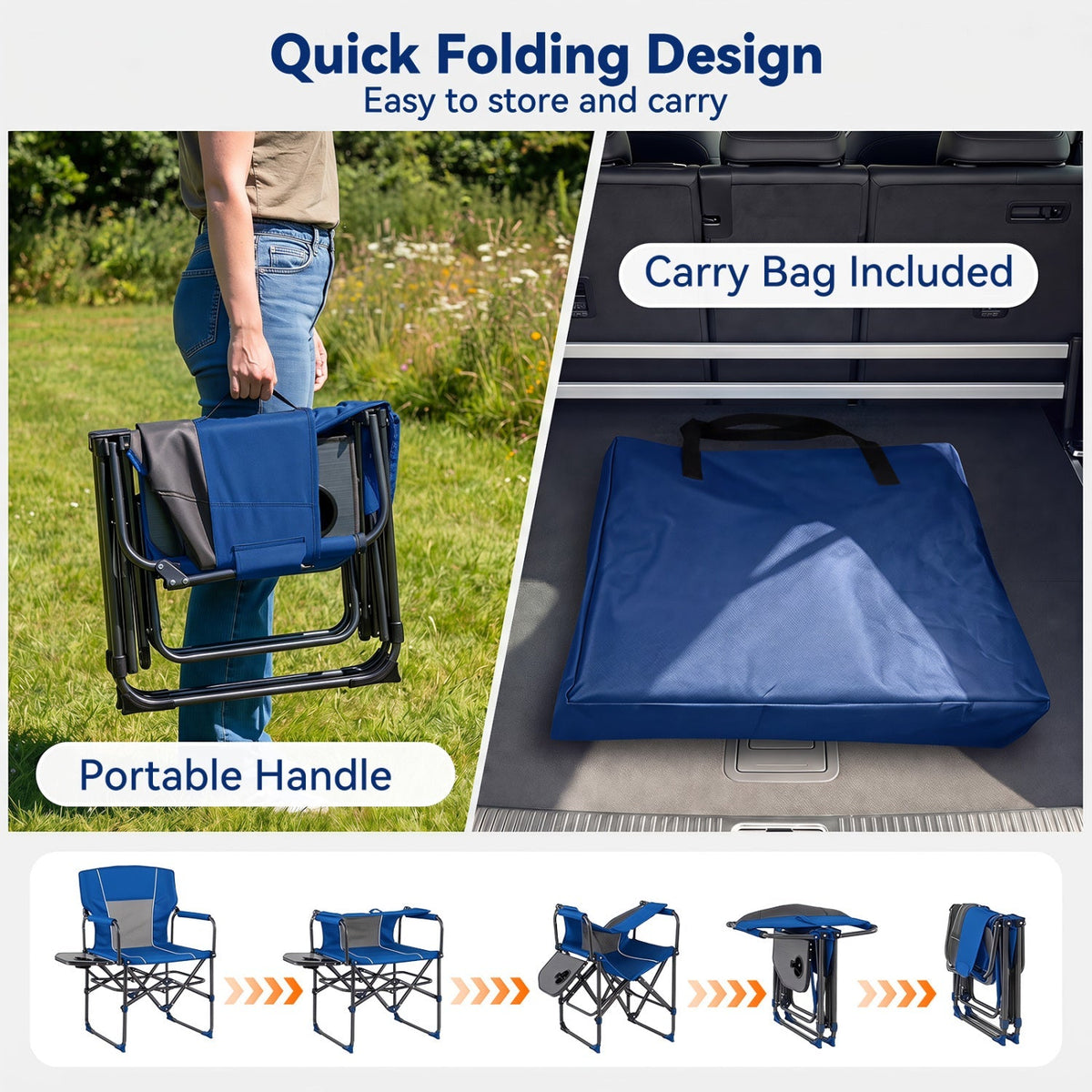 Blue folding camp chair shown in multiple views, including a person carrying it outdoors, a carry bag inside a vehicle trunk, and step-by-step folding instructions. Text highlights quick folding design, portable handle, and included carry bag.