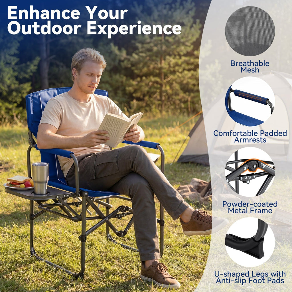 A man sits in a blue folding camp chair reading a book outdoors on a grassy lawn, with a side tray holding a drink and snack. The image includes marketing text and feature callouts: 'Enhance Your Outdoor Experience,' 'Breathable Mesh,' 'Comfortable Padded Armrests,' 'Powder-coated Metal Frame,' and 'U-shaped Legs with Anti-slip Foot Pads.