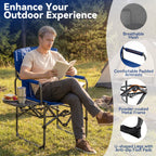 A man sits in a blue folding camp chair reading a book outdoors on a grassy lawn, with a side tray holding a drink and snack. The image includes marketing text and feature callouts: 'Enhance Your Outdoor Experience,' 'Breathable Mesh,' 'Comfortable Padded Armrests,' 'Powder-coated Metal Frame,' and 'U-shaped Legs with Anti-slip Foot Pads.