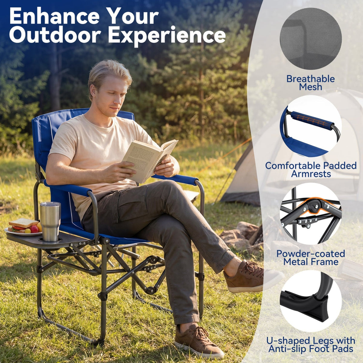 A man sits in a blue folding camp chair reading a book outdoors on a grassy lawn, with a side tray holding a drink and snack. The image includes marketing text and feature callouts: 'Enhance Your Outdoor Experience,' 'Breathable Mesh,' 'Comfortable Padded Armrests,' 'Powder-coated Metal Frame,' and 'U-shaped Legs with Anti-slip Foot Pads.