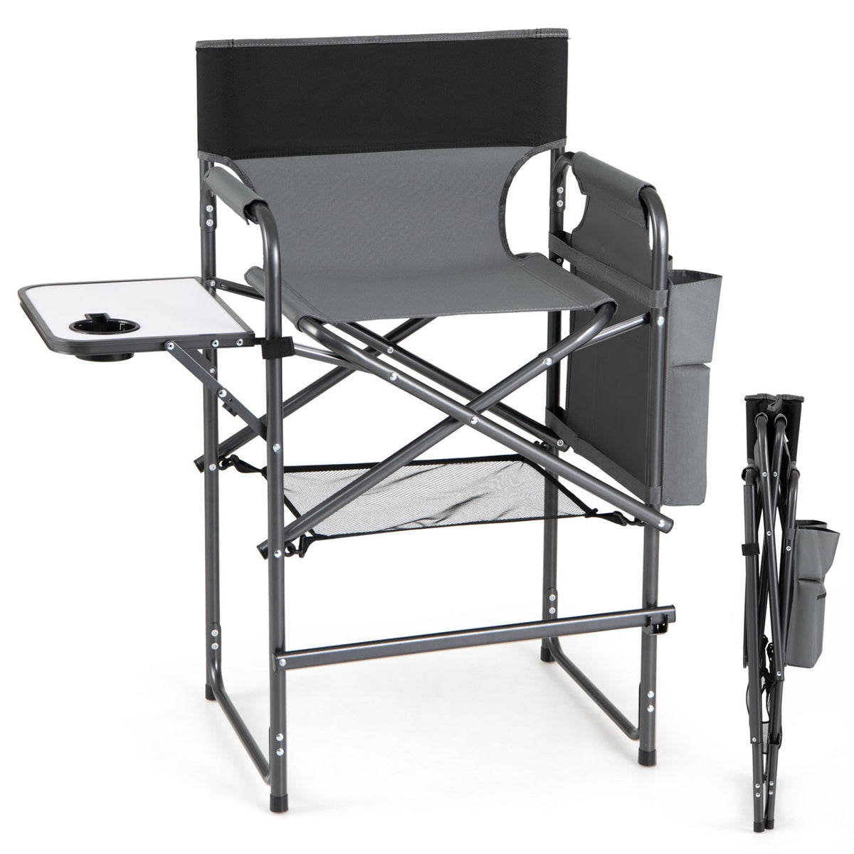 Gray and black folding camp director chair with an attached side tray table, cup holder, mesh storage shelf, and side storage pocket, shown on a white background with the folded chair beside it.