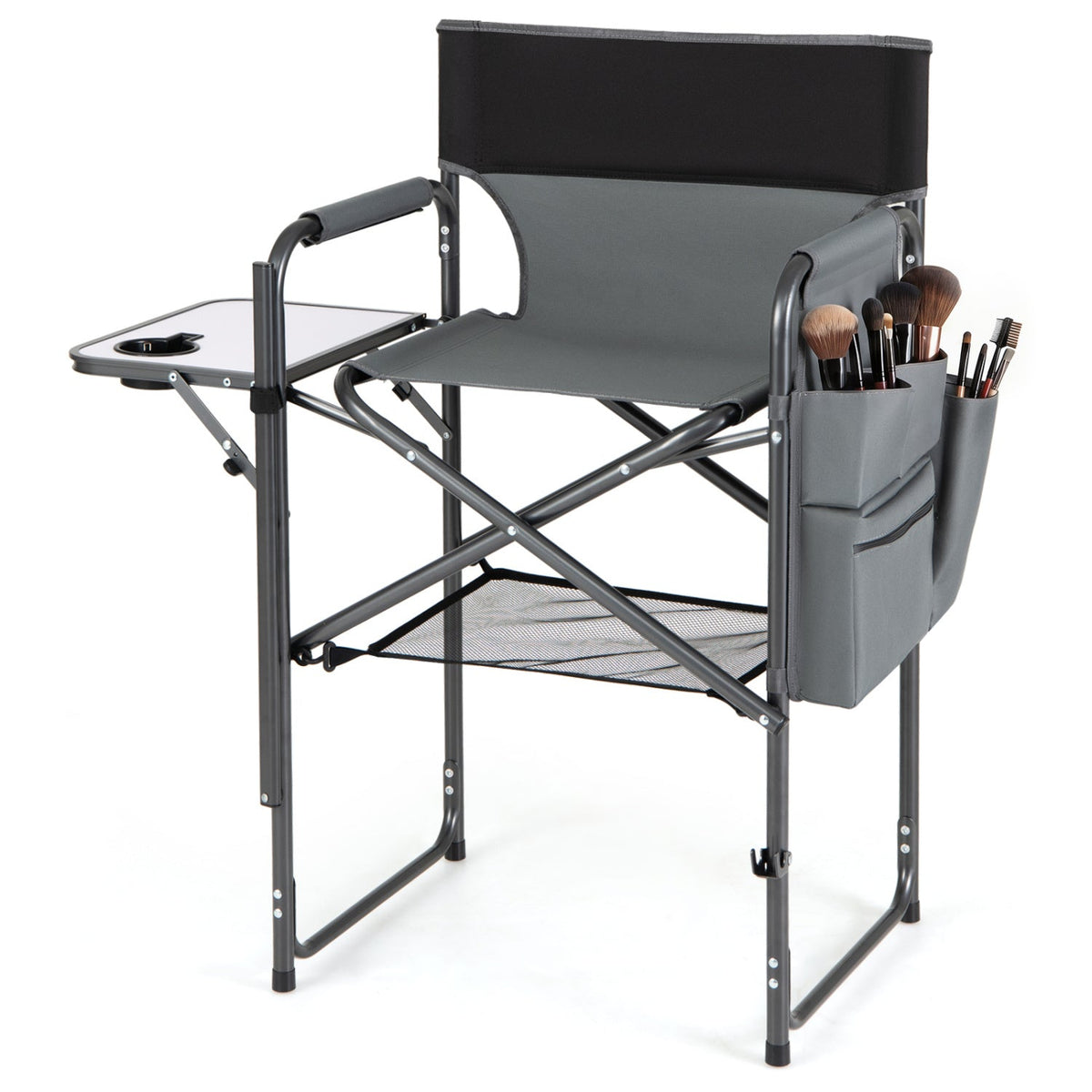Gray director's chair with a side pocket containing makeup brushes on a white background